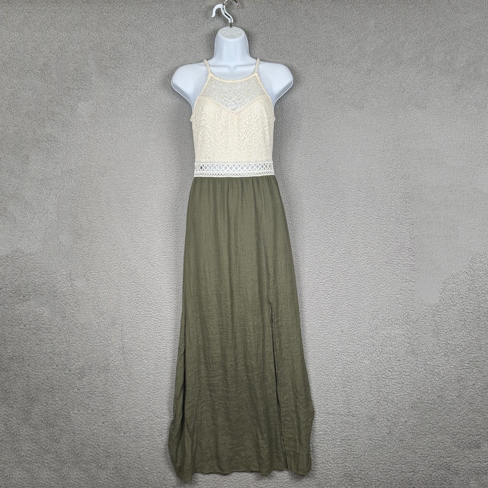 iZ Byer Dress Womens S Ivory Green Sleeveless Sheer Maxi Lace Crochet Front Slit